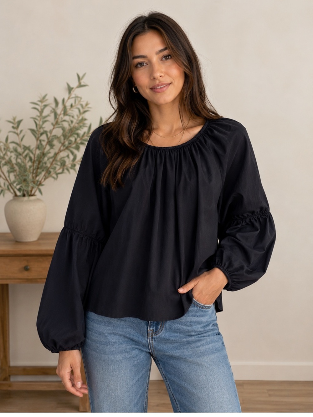 Elizabeth And James Peasant Long Sleeve Blouse Black Size Large